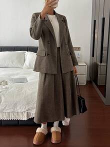 DAZY Vintage Suit Set For Women, Winter, Refined Mature Vibe, Wool Blend Jacket & Skirt 2 Pieces Set - Brown - View 5