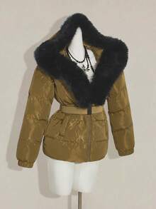 SHEIN ICON Áo khoác mùa đông thường ngày có mũ trùm đầu, cổ lông giả, thắt eo, khóa kéo phía trước dành cho nữ - màu nâu - Xem 3