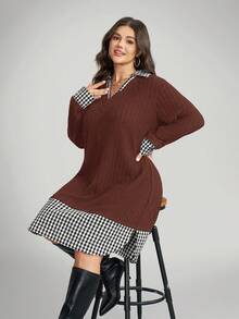 SHEIN LUNE Vestido casual holgado de manga larga a cuadros y de punto elástico en talla grande 2 en 1 - Café integral - Ver 8
