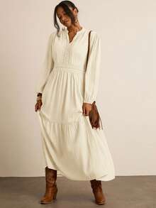 Freevana Plus Size Casual Solid Color Notched Neck Dress - Apricot - View 1