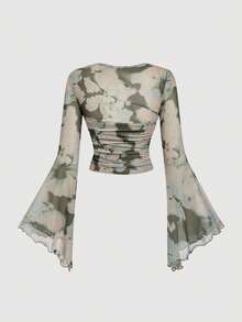 SHEIN MOD 女士喇叭袖扎染抽象花卉T恤 - 彩色 - 查看 2