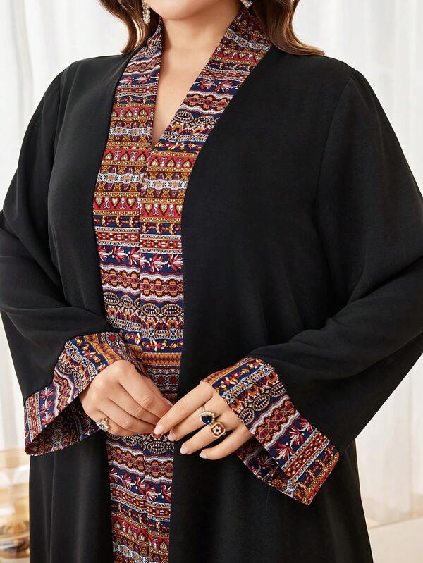 Al Najma Plus Size Women V-Neck Long Sleeve Loose Casual Solid Color Arabic Style Dress, Spring/Autumn