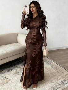 Rafferiza Jacquard Mesh Asymmetric Slit Dress For Women - Coffee - View 1