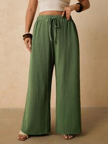 Travachic Pantalones anchos de punto texturizado verde con cintura elástica y cordón, con bolsillos, para mujer de talla grande