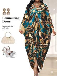 Fleurora 大码女式金属链条印花V领连衣裙 - 彩色 - 查看 3