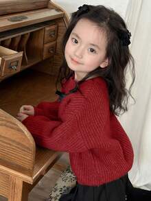 Dazy Kids 女童蝴蝶结装饰落肩长袖休闲宽松针织衫，秋冬款 - 粉色 - 查看 5