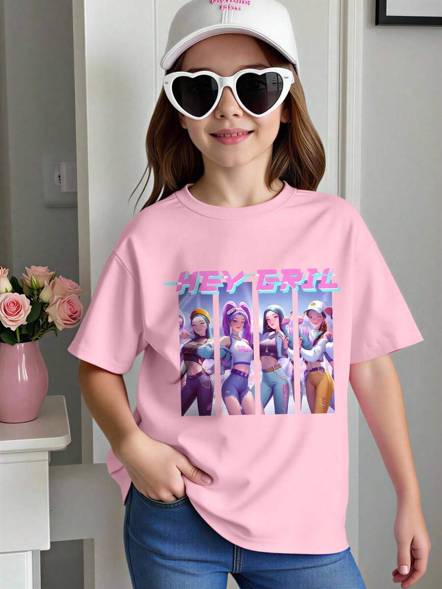 Sparklyn Tween Girl Pink T-Shirt, Spring/Summer, Cute & Cool Anime Purple Girl Pattern, All-Match Versatile Everyday Wear, Featuring Cartoon K-POP Girl Design And K-POP Logo, Pink T-Shirt, Suitable For Autumn/Winter - Pink - View 1