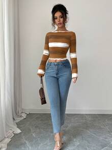 Elenzga Elegante Suéter Ajustado com Mangas Flare Ombré, Outono/Inverno - Café - Visão 6