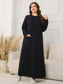 Lacomfia Plus Size Women Casual Loose Textured Fabric Patchwork Pocket Dress - Black - View 1
