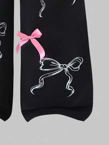 SHEIN ChillGRL 8-12岁女童可爱时尚休闲风白色圆领卫衣，粉色字母蝴蝶结印花，搭配粉色抽绳腰裤，两件套 - 黑色 - 查看 5
