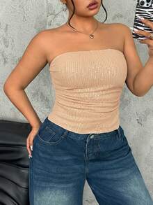 SHEIN EZwear 大码女式金色亮片褶皱抹胸上衣，适合秋冬季、圣诞节、新年、感恩节、派对、婚礼、海滩、毕业典礼等场合，时尚优雅，休闲百搭，适合外出、约会、预约、通勤等各种场合。Y2K风格抹胸上衣，皮革抹胸上衣，带衬垫抹胸上衣，性感百搭，适合秋冬季、圣诞节、新年、感恩节、派对、婚礼、海滩、毕业典礼等各种场合，时尚优雅，休闲百搭，适合外出、约会、预约、通勤等各种场合。 - 金色 - 查看 7