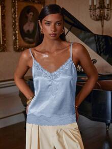 Athîral Women's Elegant Satin Contrast Lace Blue Camisole,Tank Top - Baby Blue - View 4