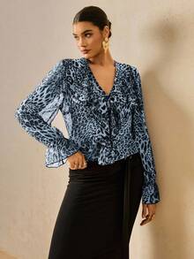 Travachic Plus Size Women Chiffon Floral Print Long Sleeve Blouse, Leopard Print Ruffle Hem Shirt - Blue - View 7