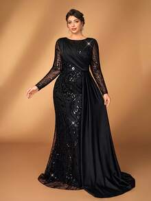 Serin Đầm dạ hội cỡ lớn sang trọng, thanh lịch màu đen, chất liệu satin thêu sequin, cổ tròn, tay dài, dáng đuôi cá bất đối xứng, phù hợp cho tiệc tối, tiệc độc thân, hẹn hò, dạ hội, kỳ nghỉ, đám cưới, mẹ cô dâu, khách mời, ngày Valentine. - màu đen - Xem 9