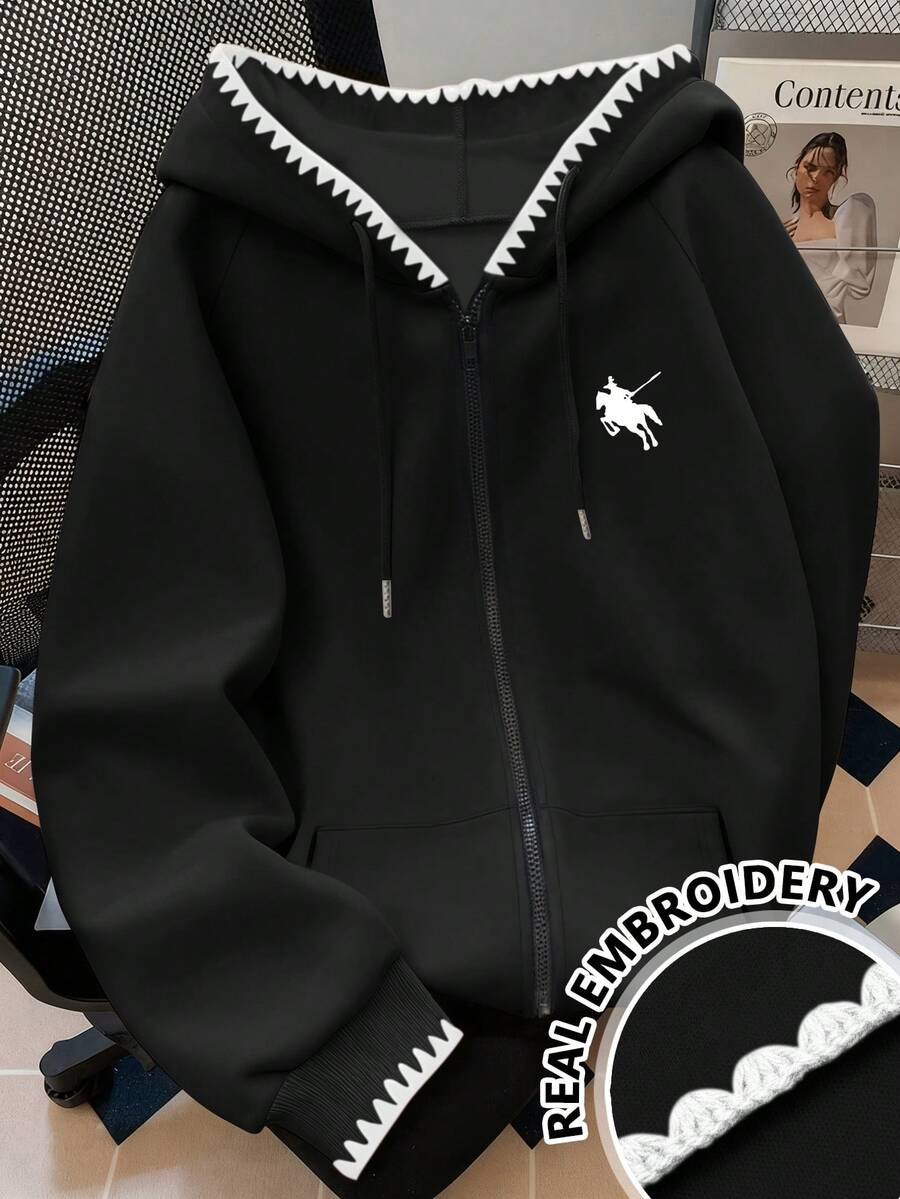 SHEIN Áo nỉ có logo ngựa Y2K, Áo nỉ thêu họa tiết Mỹ cổ điển tinh tế, Áo nỉ thời trang thu/đông độc đáo dành cho nữ - màu đen - Xem 1