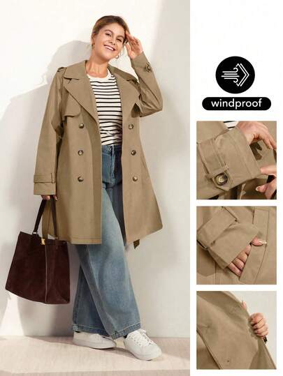 Momelise Abrigo de trinchera casual para mujer talla grande, chaqueta cortavientos de manga larga de unicolor con solapa y doble botonadura, versátil para uso casual y de oficina, ideal para primavera y otoño