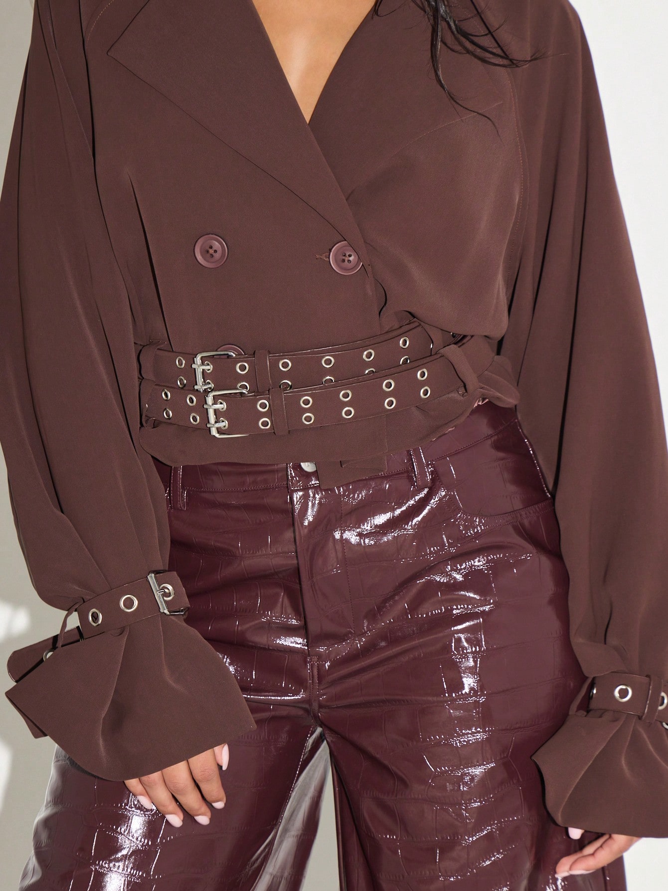 KIZN Cropped Double-Breasted Trench Coat With Buckle Details
