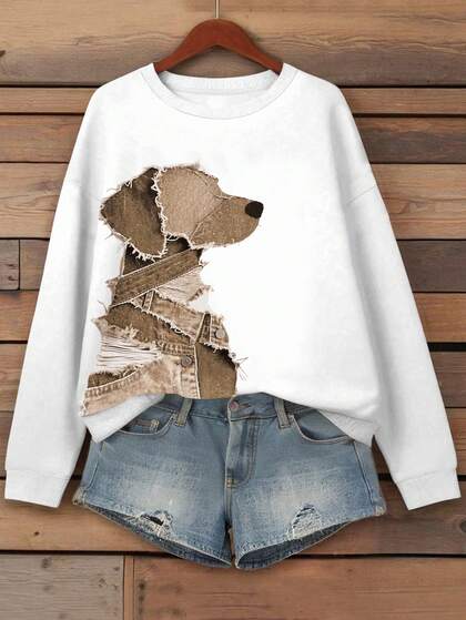 Sudadera casual de cuello redondo con estampado de cachorros para mujer, otoño/invierno