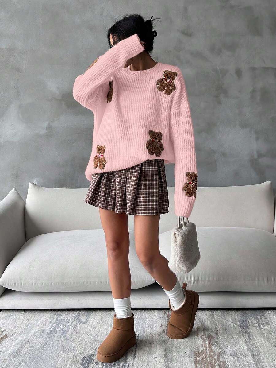 EURMUSE Women Round Neck Oversize Drop Shoulder 3d Mini Teddy Bear Patched Pattern Cute Drop Shoulder Sweater Pullover - Coral Pink - View 1