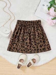 SHEIN Young Girl Corduroy Leopard Print Paperbag Waist Skirt,Heart Pocket Design Ruffle Hem School Skirt,Daily Wear For Spring,Autumn,Winter Christmas Gift - Brown - View 2