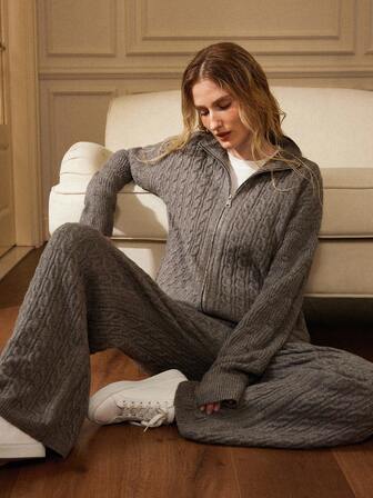 Écloséra French Retro Casual, Simple And Elegant Daily Commuting, Home Vacation, Long Zipper Small Stand-Up Collar Cardigan, Fitted Floor-Length Trousers With Full-Body Button-Cord Weave, Small Stand-Up Collar, Autumn And Winter Women's Clothing, Halloween, Christmas And New Year's Clothing, Party Women's Clothing, Pocket Floor-Length Wide-Leg Trousers, Tops, Long Sleeves, Women's Sweater Two-Piece Set