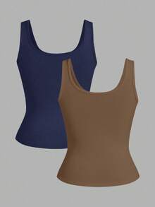 Slaydiva 2pcs/Pack Black + White Casual Basic Racerback Sleeveless Deep V-Neck Ribbed Tank Tops For Women - Multicolor - View 2