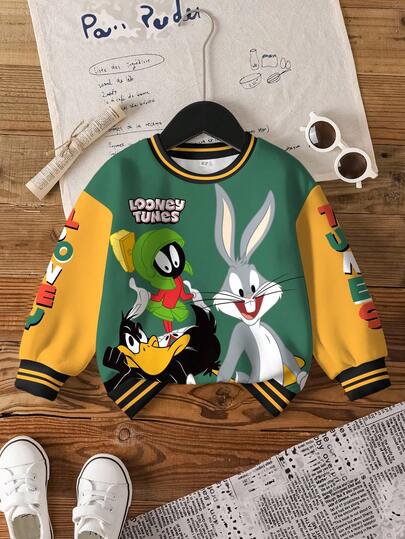 LOONEY TUNES X SHEIN 男童休闲拼色卡通图案圆领保暖卫衣，秋季
