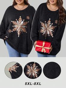 SHEIN CURVE+ Plus Size Autumn/Winter Casual Christmas Snowflake Pattern Bead Imitation Mink Fur Black Pullover Sweater Winter - Black - View 8