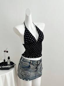 Elamini Váy hai dây chữ A cổ điển họa tiết chấm bi ren ôm eo dành cho nữ - màu đen - Xem 5