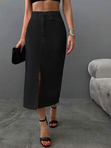 EURMUSE Women\ Solid Color Denim Skirt With Pockets And Buttons - Black - View 5