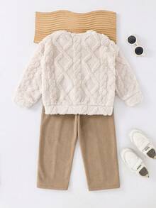 Cozy Pixies Bộ 2 món/Bộ áo nỉ dài tay cổ tròn lót nhiệt phong cách cổ điển cho bé trai và quần lưng thun, thích hợp cho Giáng sinh, Lễ tạ ơn, Mùa đông - Màu be - Xem 2