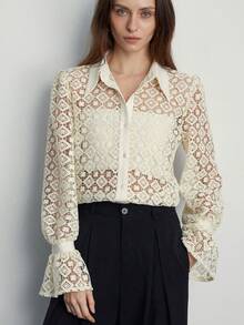 2026 Modichic Camisa de manga larga con bordado calado, de estilo ligero y lujoso, de estilo europeo y americano, para otoño/invierno - Beis - Ver 2
