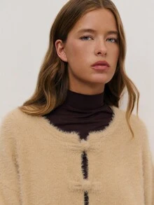Nöista Beige Fuzzy Cardigan With Toggle Buttons,Relaxed Fit,Ultra-Cozy Fall Winter Layering,Black,Autumn,Elegant,Office,Casual Outing Warm Indoor Gatherings - Apricot - View 5