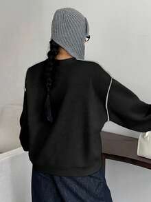 Dazy Plus Áo nỉ cổ tròn lót nhiệt in hình ngôi sao cỡ lớn, dáng rộng, phong cách đường phố dành cho phụ nữ cỡ lớn, mùa thu/đông - màu đen - Xem 2