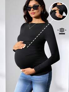 MaterniWear Maternity Solid Color Boat Neck Long Sleeve Ruched Nursing Top Maternity Tops Maternity T Shirts Pregnancy Clothing Pregnancy Shirts Post Partum Clothes  Elegant Women's Blouses - Black - View 8