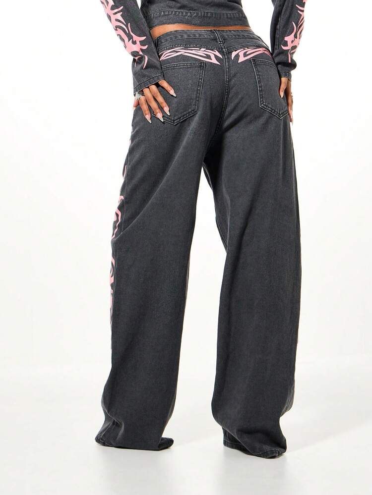SUMWON WOMEN Flame Print Baggy Wide Leg Jeans