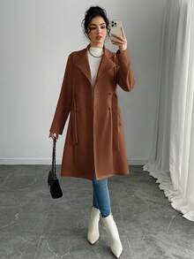 SHEIN PETITE Women's Elegant Solid Color Faux Suede Mid-Length Regular Jacket - Rust Brown - View 6