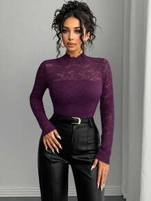 Selianne 女士法式领修身优雅蕾丝长袖T恤 - 紫色 - 查看 6