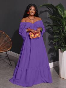 Slaydiva Plus Size Women V-Neck Loose Flowy Dress, Suitable For Beach, Vacation, Casual Wear - Purple - View 1