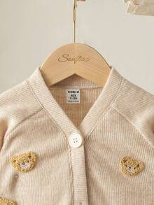 Souflis Souflis 2pcs Set Vintage French Style Long Sleeve Cardigan With 3D Bear Pattern Jacket And Brown Corduroy Pants, Versatile Outfit For Home, Casual, School Wear, Toddler Boys - Multicolor - View 7
