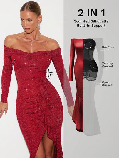 Nuvra Dames lange mouwen dubbellaags corrigerende corrigerende jurk met voering, afslankende taille en liftende billen, volledige lengte body shaper jurk