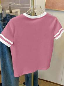 SHEIN 女士粉色爱心图案“Be Kind”印花宽松休闲撞色条纹圆领T恤上衣，情人节礼物 - 彩色 - 查看 2