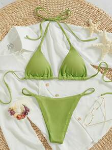 SHEIN Swim 2026 Spring/Summer Women's Vacation Special Fabric Spaghetti Strap Halter Green Sexy Thong Bikini 2 Pieces Swimsuit - Lime Green - View 5