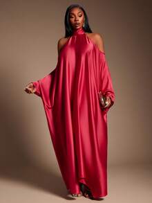 Radiana Váy maxi satin co giãn, cổ cao hở vai, gợi cảm và thanh lịch cỡ lớn dành cho nữ, thắt nơ phía sau, phù hợp cho những dịp trang trọng, tiệc tùng, tụ họp, hội nghị, dạ tiệc - Đỏ - Xem 6