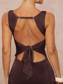 Lumalex Elastic Criss-Cross Ruched Boat Neck Dress - Brown - View 7