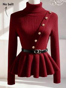 SHEIN LUNE Women's Elegant Solid Color High Neck Ruffle Hem Metal Button Decoration Sweater, Autumn/Winter - Burgundy - View 1