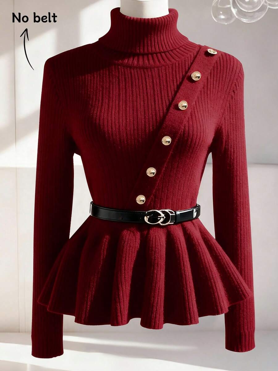 SHEIN LUNE Women's Elegant Solid Color High Neck Ruffle Hem Metal Button Decoration Sweater, Autumn/Winter - Burgundy - View 1