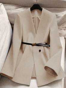 Franclia 女士优雅V领修身大衣，秋冬款 - 杏色 - 查看 1