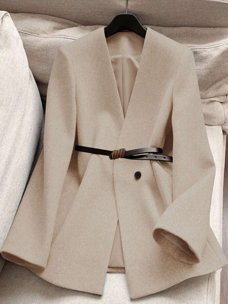 Franclia 女士优雅V领修身大衣，秋冬款 - 杏色 - 查看 1