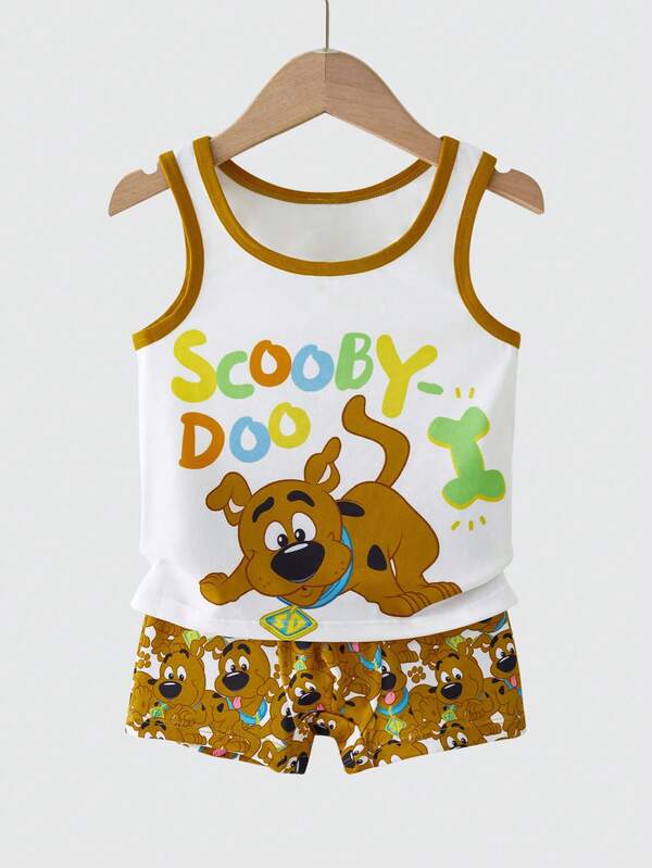 SCOOBY-DOO X SHEIN Conjunto de camiseta de tirantes y pantalones cortos con estampado de letra colorida y perro de dibujos animados lindo para niño pequeño